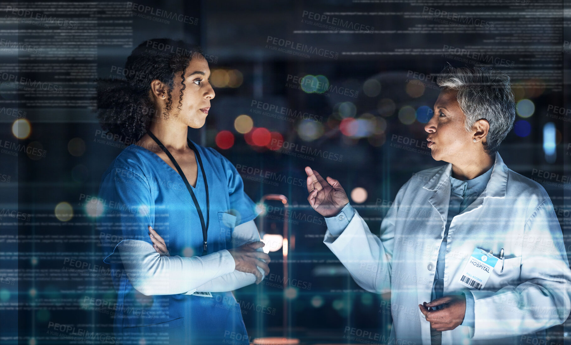 Buy stock photo Doctors, talking or futuristic teamwork in hospital night collaboration, surgery planning or wellness research. Medical, big data or future abstract graphic for healthcare women, worker or ai overlay