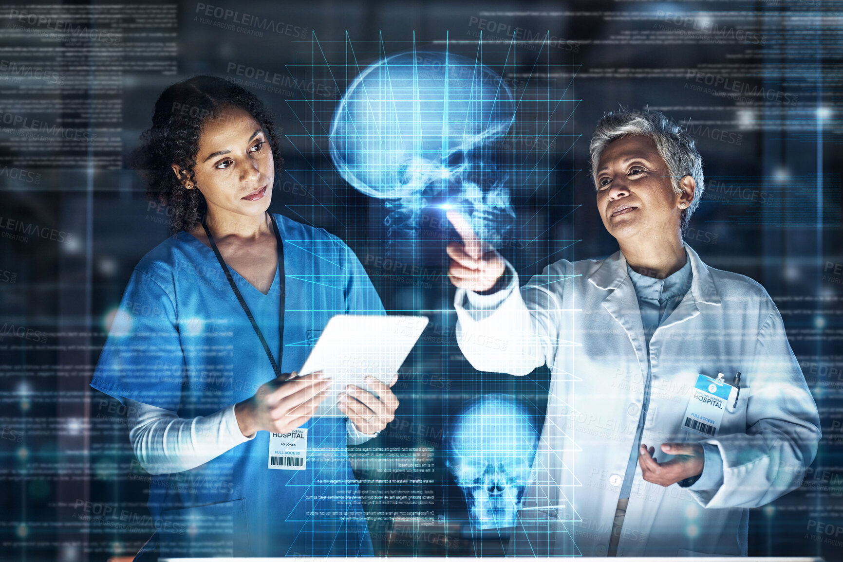 Buy stock photo Doctors, tablet or healthcare of futuristic skull in brain cancer, mental health or fracture analytics in night hospital thinking. Abstract hologram, head or organ technology or women collaboration