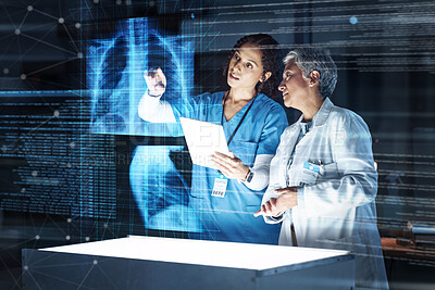 Buy stock photo Doctors, hospital or tablet with lungs hologram in tuberculosis, cancer or heart analytics in night healthcare collaboration. Futuristic, abstract or breathing organ on technology for thinking women