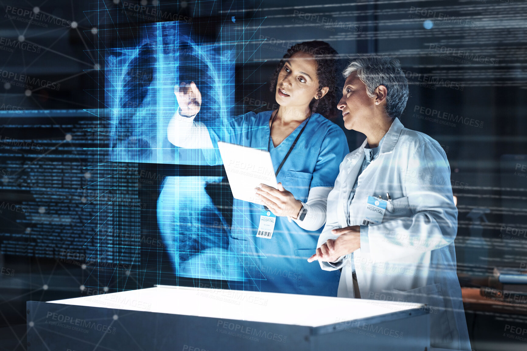 Buy stock photo Doctors, hospital or tablet with lungs hologram in tuberculosis, cancer or heart analytics in night healthcare collaboration. Futuristic, abstract or breathing organ on technology for thinking women