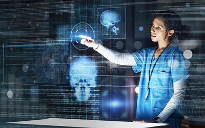 Buy stock photo Doctor, hologram and futuristic technology at night for healthcare, examination or biometric scan at hospital. Woman medical nurse on overlay big data research, icons or digital innovation at clinic