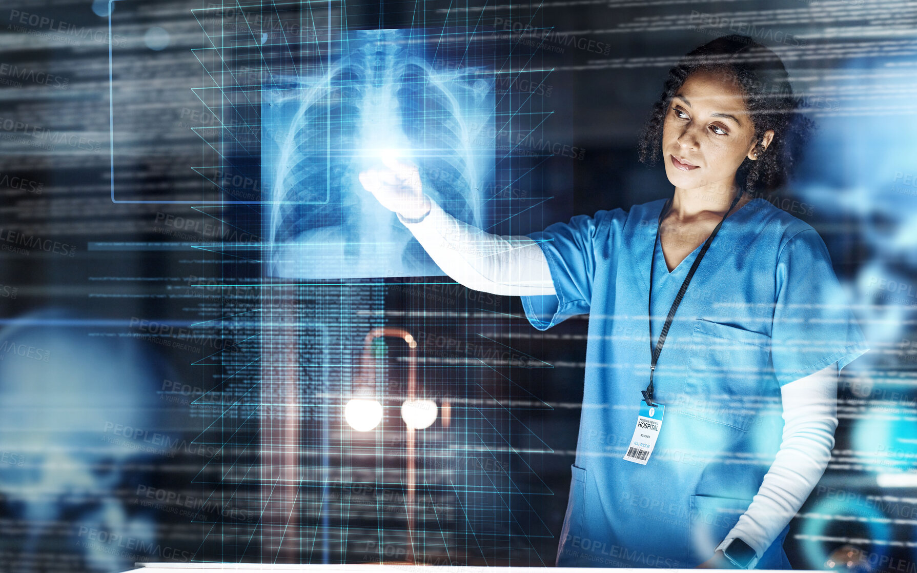 Buy stock photo Doctor, hospital or healthcare with futuristic lungs in tuberculosis, cancer or heart analytics in night surgery planning. Hologram, abstract or breathing organ xray for thinking nurse or woman ideas