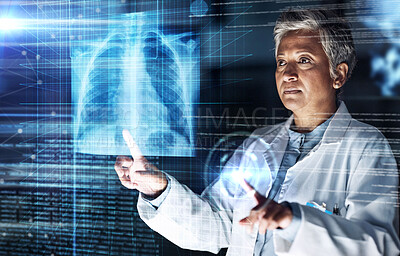 Buy stock photo Doctor, hospital or healthcare with lungs hologram in tuberculosis virus, cancer or asthma overlay analytics in night thinking. Futuristic, abstract or breathing organ glow for surgery planning woman