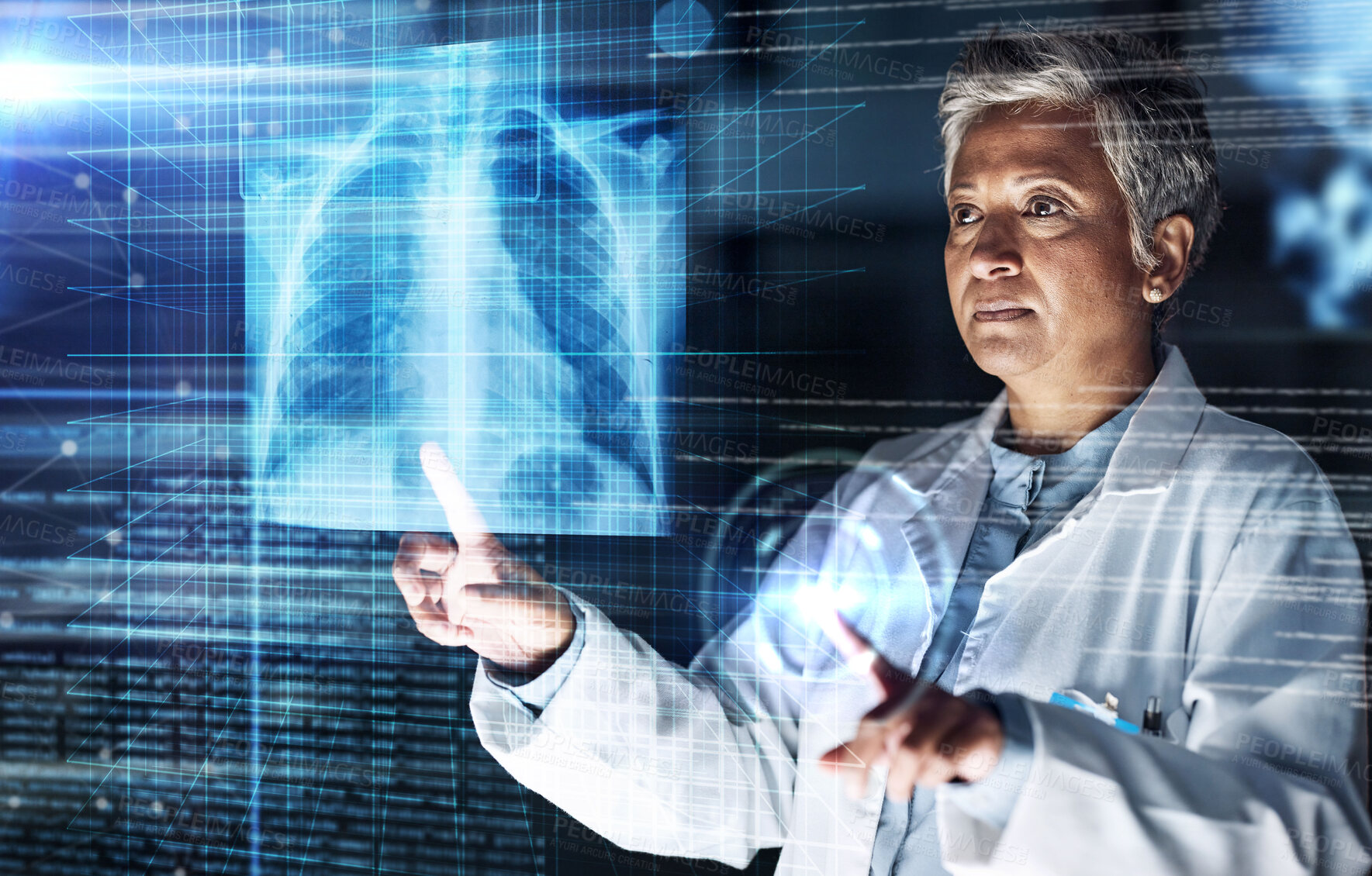 Buy stock photo Doctor, hospital or healthcare with lungs hologram in tuberculosis virus, cancer or asthma overlay analytics in night thinking. Futuristic, abstract or breathing organ glow for surgery planning woman