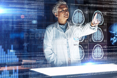 Buy stock photo Doctor, hospital and futuristic brain mri in cancer, xray or mental health neurology in night medical. Abstract, hologram and 3d thinking organ in healthcare scan, surgery planning or woman analytics