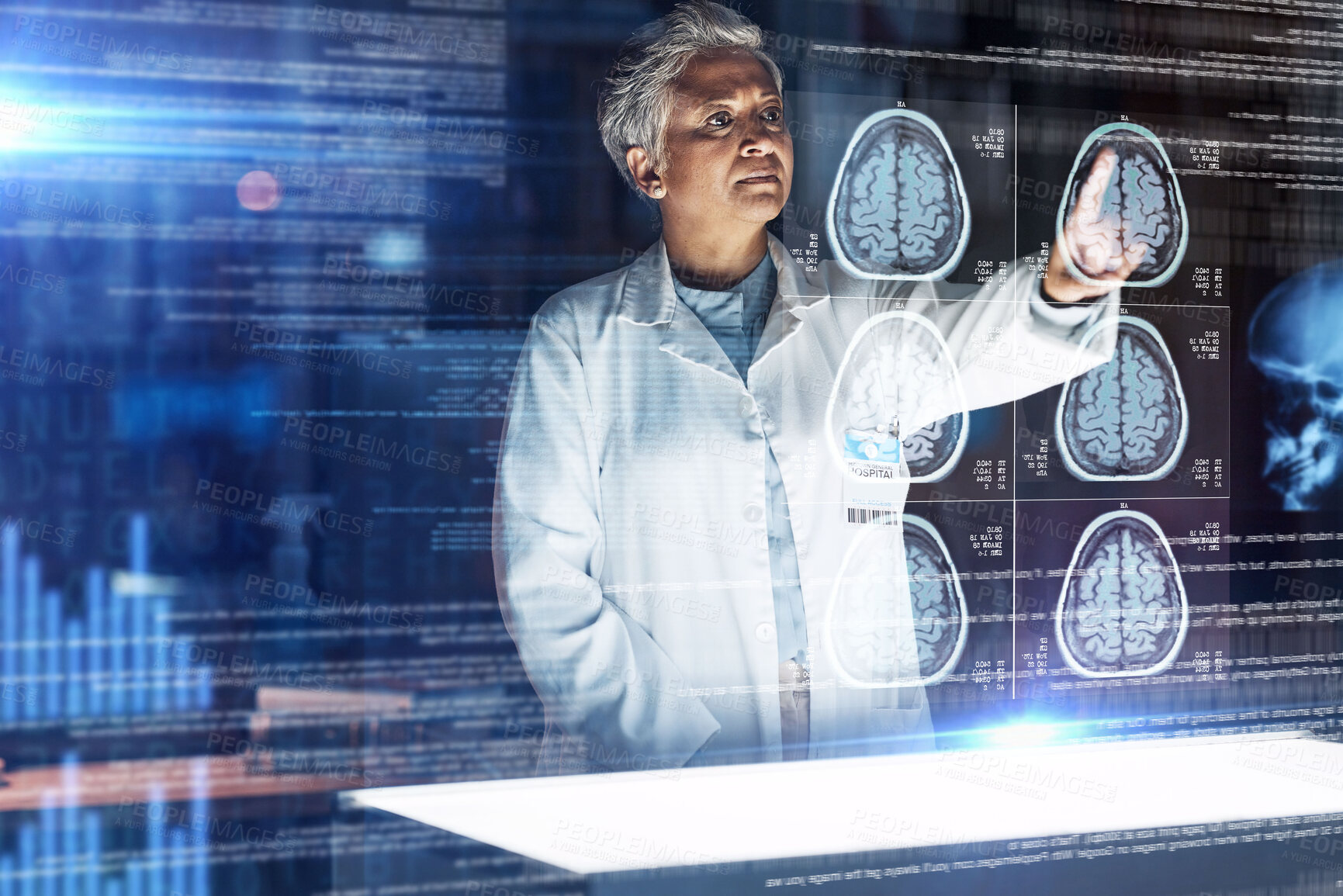 Buy stock photo Doctor, hospital and futuristic brain mri in cancer, xray or mental health neurology in night medical. Abstract, hologram and 3d thinking organ in healthcare scan, surgery planning or woman analytics