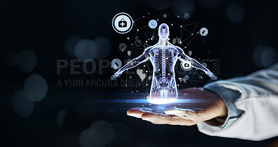 Buy stock photo Doctor, hand or 3d skeleton in healthcare, analytics or life insurance wellness on isolated black background. Zoom, medical or futuristic body hologram for abstract wellness, hospital woman or mockup