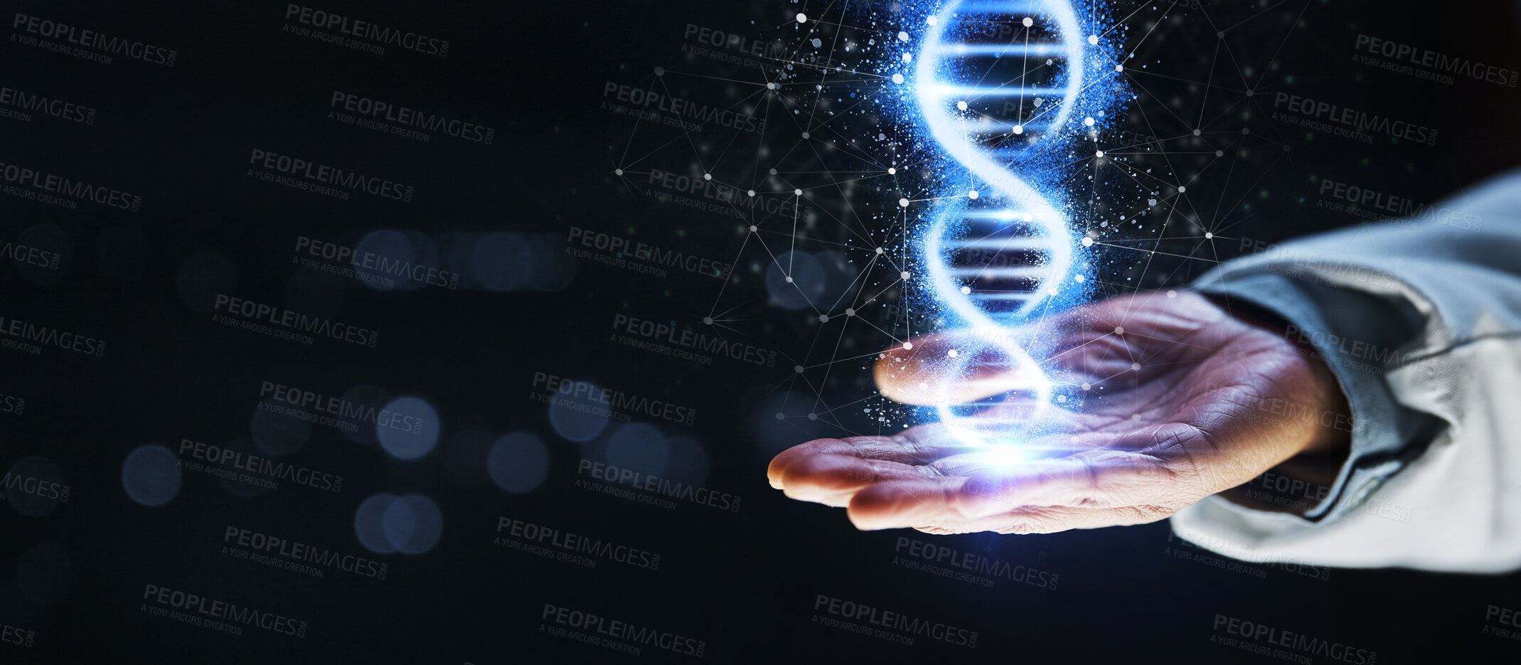 Buy stock photo Doctor, hand or 3d dna helix in healthcare analytics, genetic engineering or life insurance mockup on isolated black background. Zoom, abstract or futuristic genes hologram for medical hospital woman