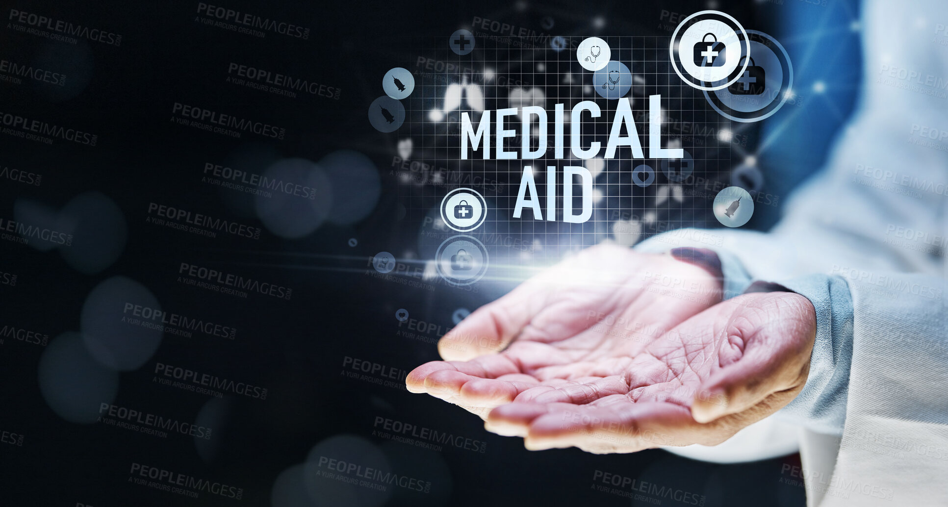 Buy stock photo Doctor, hand and abstract medical aid in healthcare, wellness trust and life insurance mockup on isolated black background. Zoom, person and futuristic hologram for hospital finance and medicine help