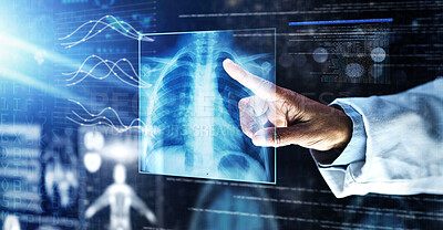 Buy stock photo Doctor, healthcare or finger on xray hologram in tuberculosis virus, cancer analytics or asthma x ray at night. Futuristic, abstract or medical lungs scan for surgery planning or hospital woman help