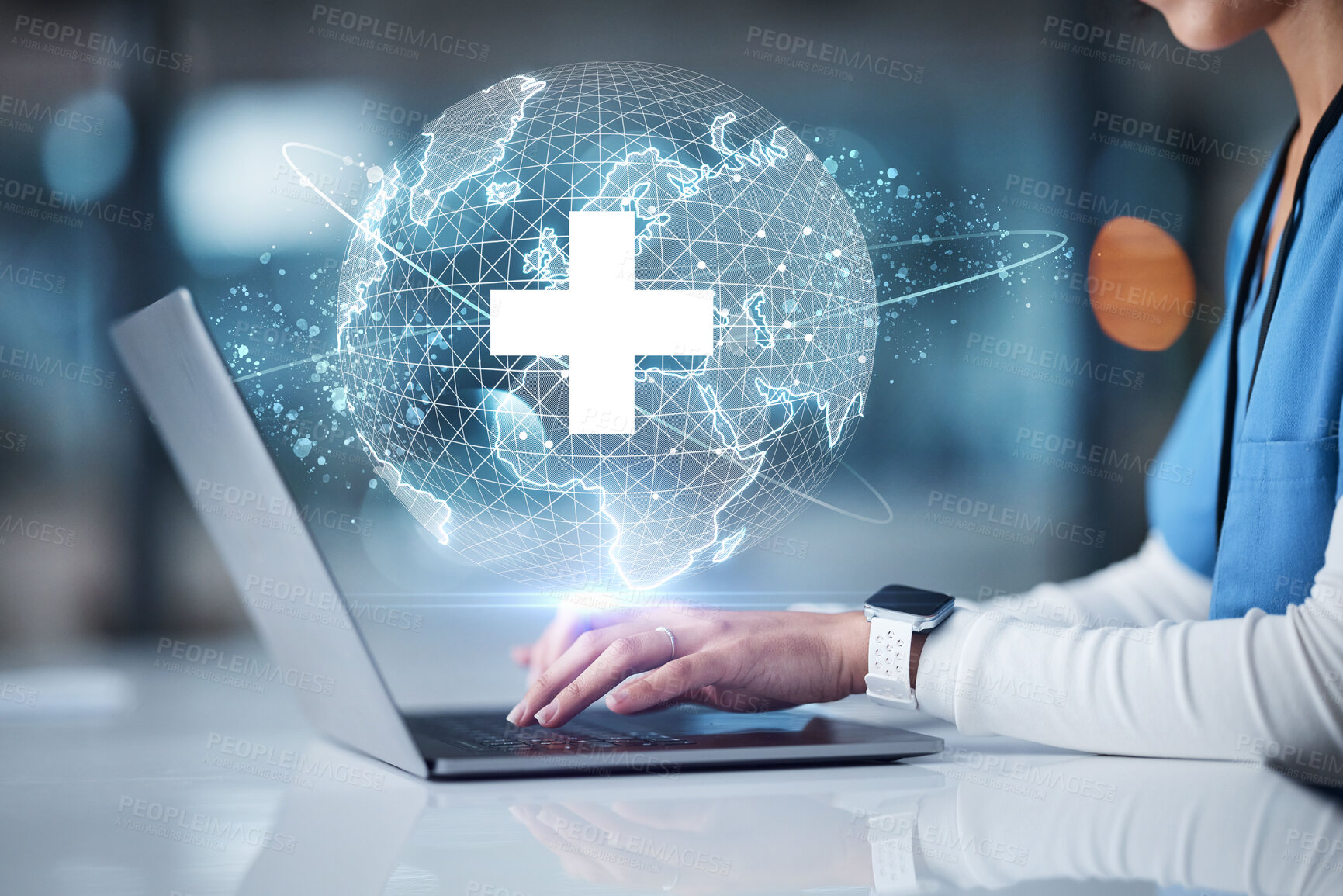 Buy stock photo Doctor, hands and technology for 3d globe networking, healthcare community or digital help for life insurance support. Zoom, medical and futuristic world for global hospital, woman or nurse on laptop