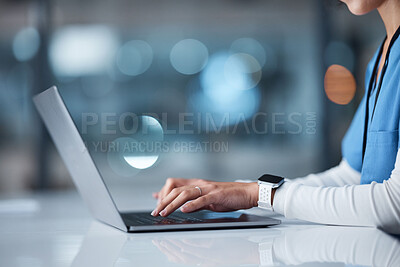 Buy stock photo Doctor, hands and laptop in healthcare research, browsing or searching online for medical data at night in a hospital. Hand of nurse typing on computer in communication, email or networking at clinic