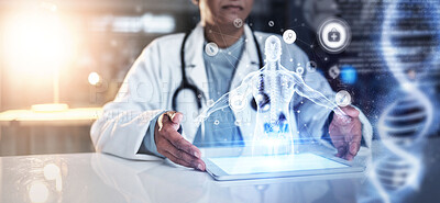 Buy stock photo Doctor, technology or 3d skeleton in healthcare, analytics or life insurance wellness for DNA, genetic for future engineering. Medical, tablet or futuristic body hologram for hospital woman research