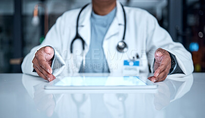 Buy stock photo Healthcare, tablet and hands of senior doctor for medical report, planning and research in hospital. Technology, hospital and black woman with digital tech for telehealth, insurance and consultation