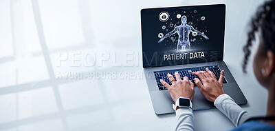 Buy stock photo Doctor, hands or laptop in abstract scan with futuristic healthcare, wellness analytics or cybersecurity safety app. Nurse, woman or medical body hologram on technology, mockup or hospital desk space