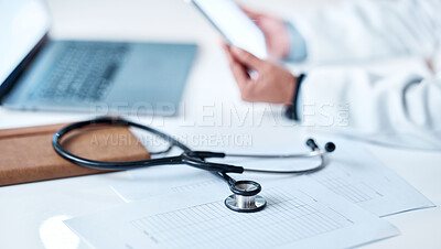 Buy stock photo Stethoscope, desk and documents with hands, tablet or research for doctor in hospital office. Healthcare clinic workspace, telehealth communication or tools for paperwork, notebook or laptop on table