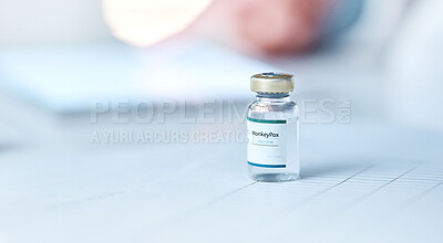 Buy stock photo Vial, medication and drugs on table for healthcare, relief or prescription medicine for pain at the hospital. Bottle or container of painkiller, vaccine or pharmaceutical liquid to combat illness 