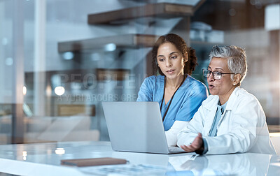 Buy stock photo Team of doctors, healthcare and women with laptop, working together and digital hospital schedule or agenda. Technology, medical innovation and collaboration, partnership and cardiovascular surgeon