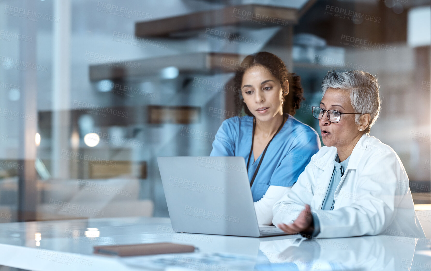 Buy stock photo Team of doctors, healthcare and women with laptop, working together and digital hospital schedule or agenda. Technology, medical innovation and collaboration, partnership and cardiovascular surgeon