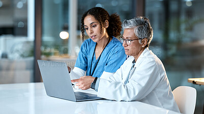 Buy stock photo Doctor, team with healthcare and women with laptop, working together and digital hospital schedule or agenda. Technology, medical innovation and collaboration, partnership and cardiovascular surgeon