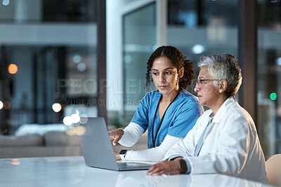 Buy stock photo Team of doctors, health and women with laptop, work together and digital clinic schedule or agenda. Technology, medical innovation and healthcare collaboration, partnership and cardiovascular surgeon