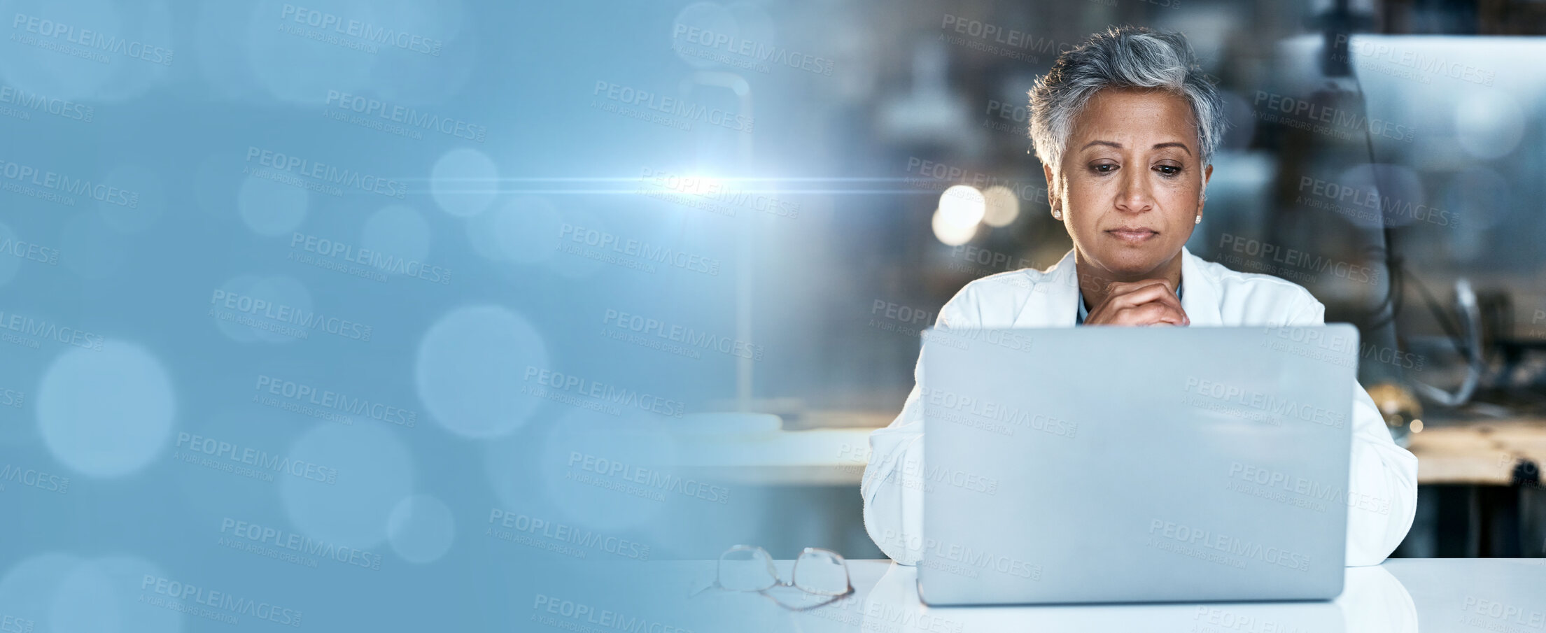 Buy stock photo Woman, doctor and laptop by bokeh abstract, copy space or mockup for night medical research or surgery planning. Thinking woman, healthcare and worker on hospital technology or life insurance mock up