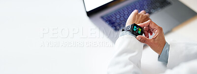 Buy stock photo Doctor hands, smartwatch and closeup in office by laptop for health, wellness or time in hospital. Medical expert reading, iot tech watch or monitor healthcare for blood pressure at clinic workplace