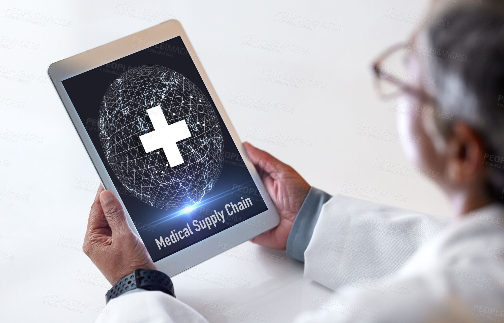 Buy stock photo Doctor, tablet or global healthcare logistics in medical supply chain, medicine shipping or hospital community help. Woman, technology or screen of world abstract, first aid globe and life insurance