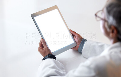 Buy stock photo Doctor, hands or tablet and blank mockup screen in medical research, surgery planning or medicine schedule in hospital. Woman, healthcare or worker on technology mock up in digital help or consulting