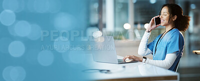 Buy stock photo Laughing, woman or phone call with bokeh copy space, mockup or mock up for night networking or medical consulting. Talking, healthcare or happy nurse on mobile technology for hospital communication