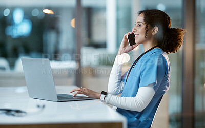 Buy stock photo Laptop, black woman and nurse on phone call in hospital, conversation and networking. Smartphone, night and happy female medical physician working late, telehealth or consulting for support in clinic