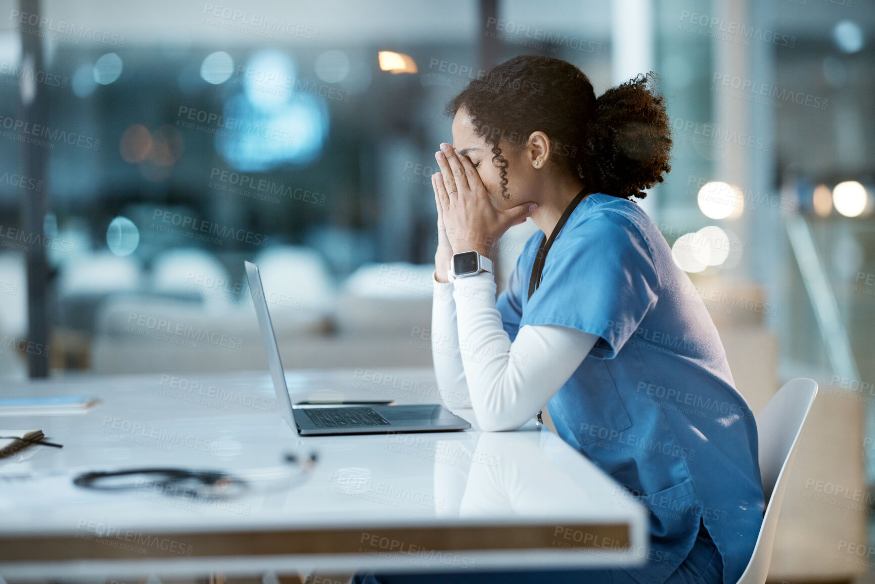 Buy stock photo Burnout nurse, stress and black woman in hospital feeling pain, tired or sick on night shift. Healthcare, wellness and female medical physician with depression, anxiety or stressed while working late