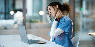 Buy stock photo Healthcare, black woman and doctor with neck pain, burnout or overworked in hospital, laptop or muscle strain. Medical professional, African American female or lady with tension, stress or frustrated