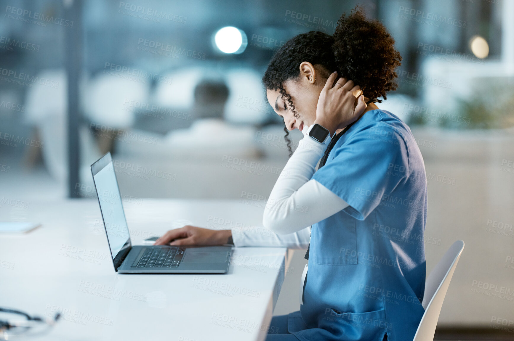 Buy stock photo Doctor, laptop and neck pain at night overworked, stressed or burnout by desk at the hospital. Woman medical professional suffering from painful injury, ache or inflammation working late on computer