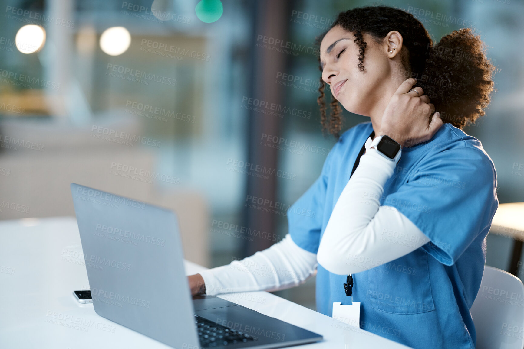 Buy stock photo Doctor, laptop and neck pain at night in agony, stressed or burnout by desk at the hospital. Woman medical professional suffering from painful injury, ache or inflammation working late on computer