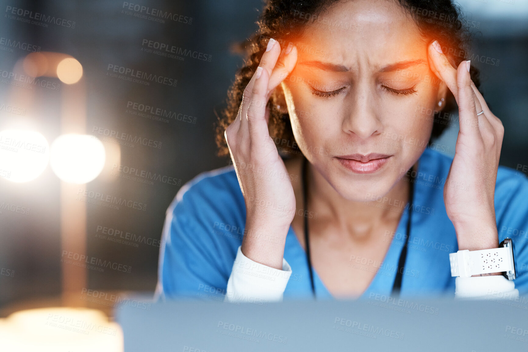 Buy stock photo Night, stress and headache with doctor at laptop for medical, stress and deadline review. Burnout, accountability and mental health with black woman for healthcare, medicine and science research