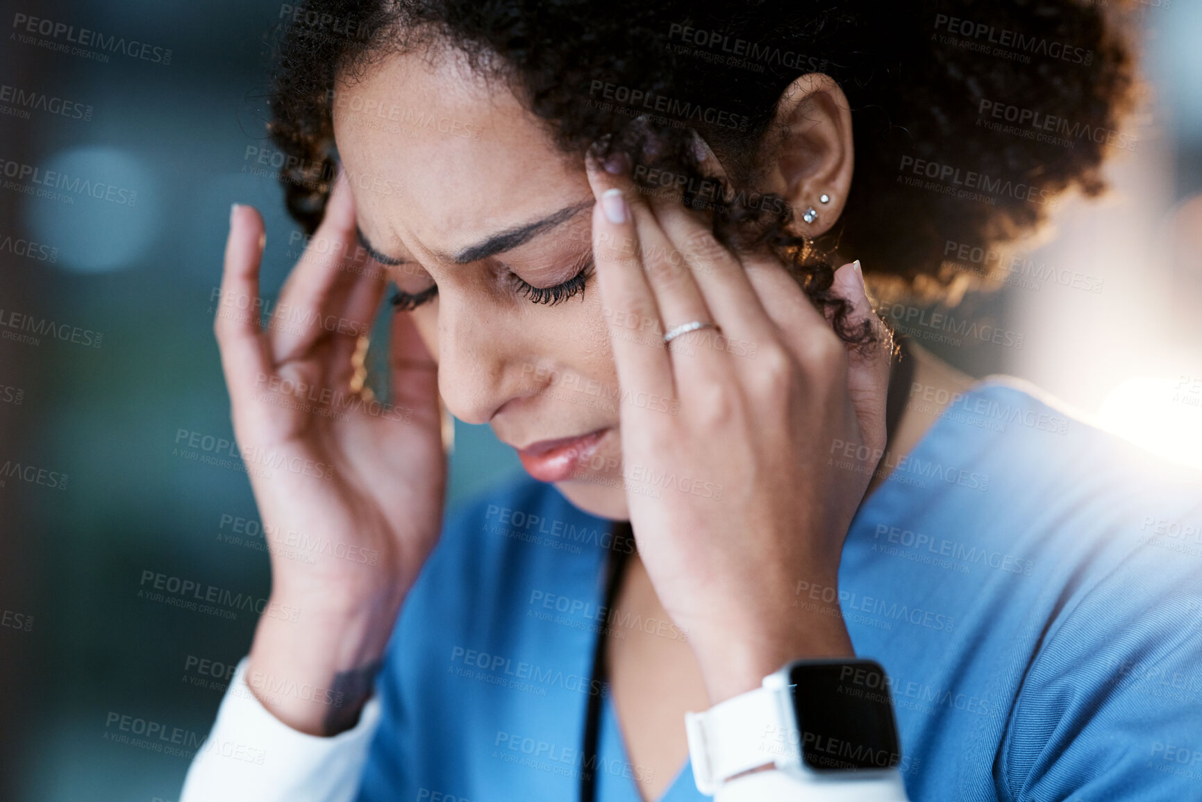 Buy stock photo Night, stress and headache with face of doctor for medical, thinking and deadline review. Burnout, accountability and mental health with black woman for healthcare, medicine and science research