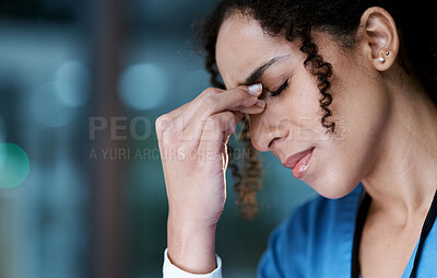 Buy stock photo Night, stress and headache with face of doctor for medical, thinking and deadline review. Burnout, accountability and mental health with black woman for healthcare, medicine and science research