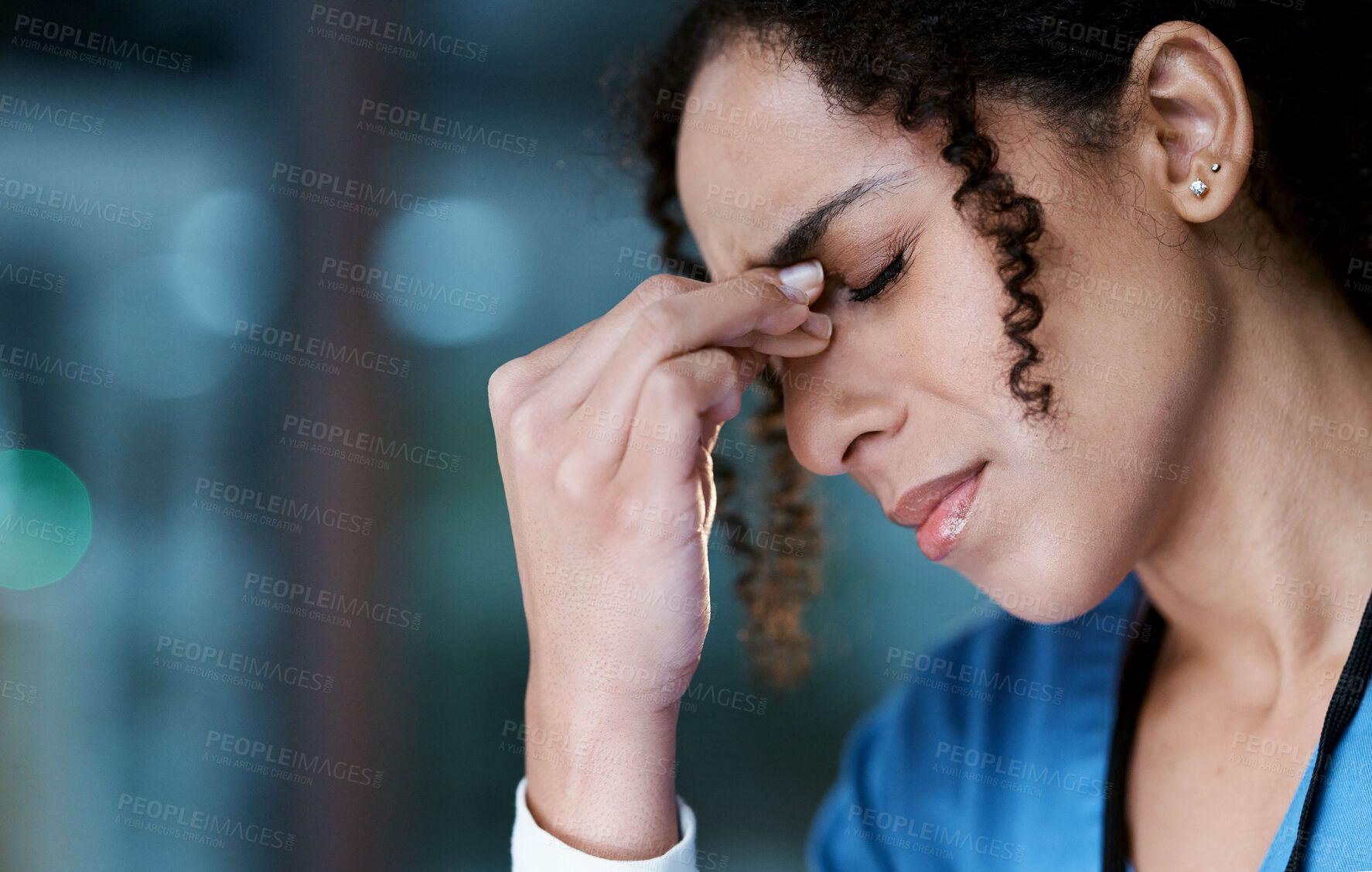 Buy stock photo Night, stress and headache with face of doctor for medical, thinking and deadline review. Burnout, accountability and mental health with black woman for healthcare, medicine and science research