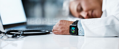 Buy stock photo Tired doctor, woman and sleep in night with smartwatch, laptop and stethoscope on desk in clinic office. Healthcare burnout, senior medical expert and sleeping by computer table in hospital workspace