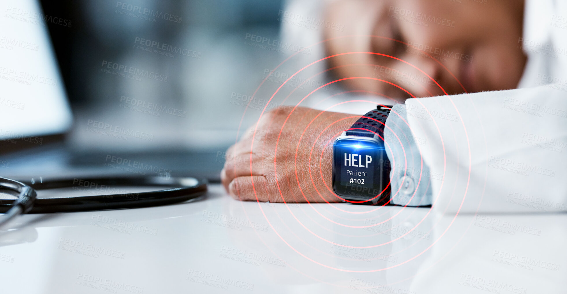 Buy stock photo Hands, watch and signal of healthcare woman sleeping on desk while on call, help or emergency at the office. Hand of senior medical doctor resting on table during work hours dreaming with smart watch