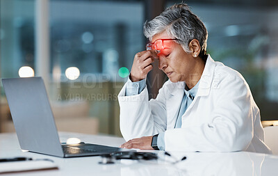 Buy stock photo Night, stress and headache with doctor at laptop for medical, thinking and deadline review. Burnout, accountability and mental health with senior woman for healthcare, medicine and science research