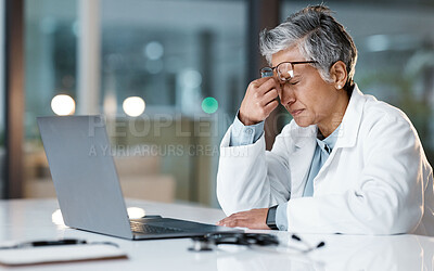 Buy stock photo Night, stress and headache with face of doctor for medical, thinking and deadline review. Burnout, compliance and mental health with black woman for healthcare, medicine and science research