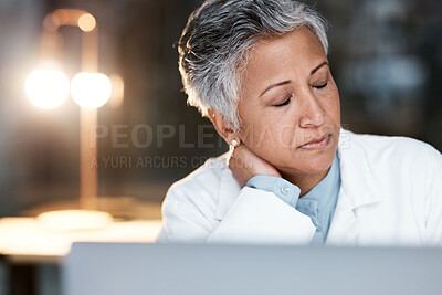 Buy stock photo Night, stress and neck pain with doctor at laptop for medical, thinking and deadline review. Burnout, accountability and mental health with senior woman for healthcare, medicine and science research