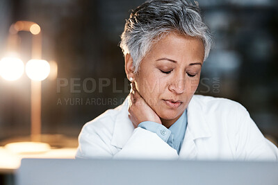 Buy stock photo Night, neck pain and burnout with doctor at laptop for medical, thinking and deadline review. Stress, accountability and mental health with senior woman for healthcare, medicine and science research