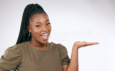 Buy stock photo Mockup, palm and portrait of happy woman, studio background and advertising space. Happy female model, hands and product placement of marketing promotion, excited announcement and commercial offer 