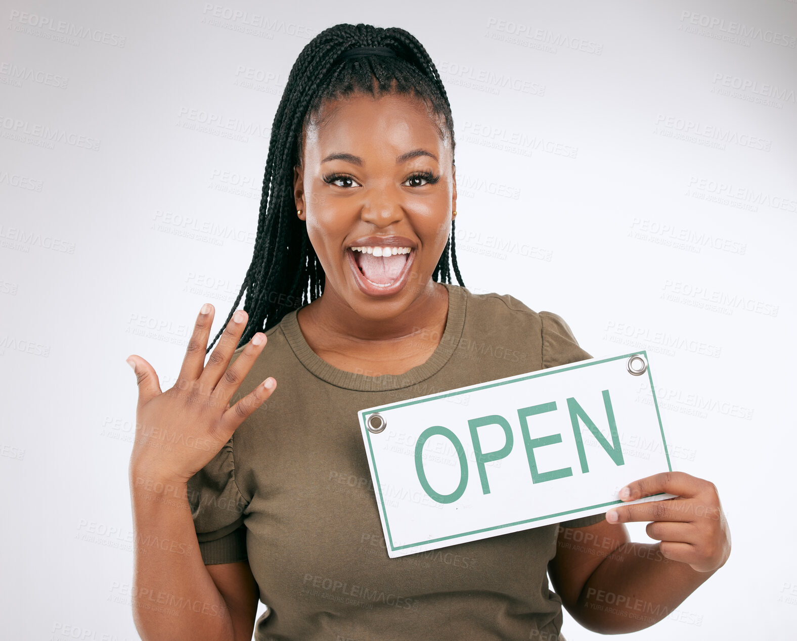 Buy stock photo Black woman, excited and holding open sign for announcement or message against a grey studio background. Portrait of African American female manager advertising startup opening or ready for service