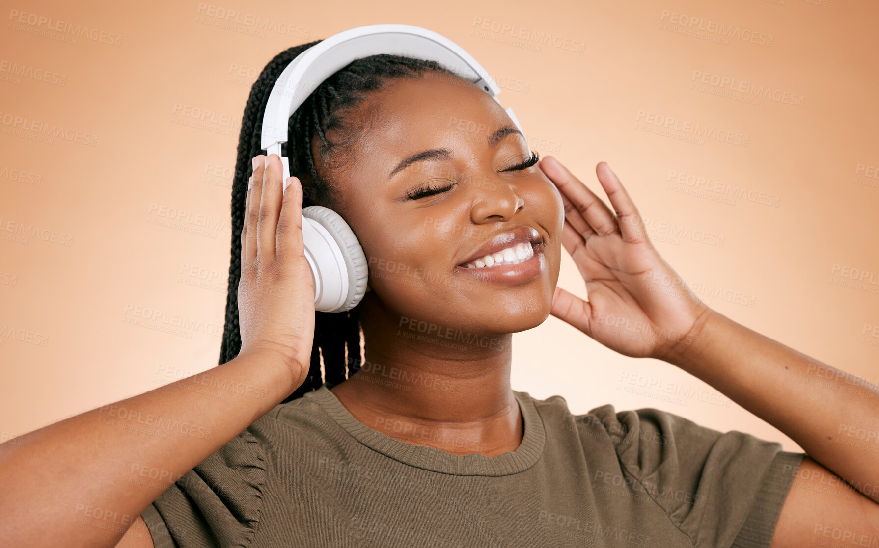 Buy stock photo Headphones, music and african woman isolated on studio background for mental health, energy and wellness podcast. Happy, calm black people listening to audio with smile on face for stress free sound