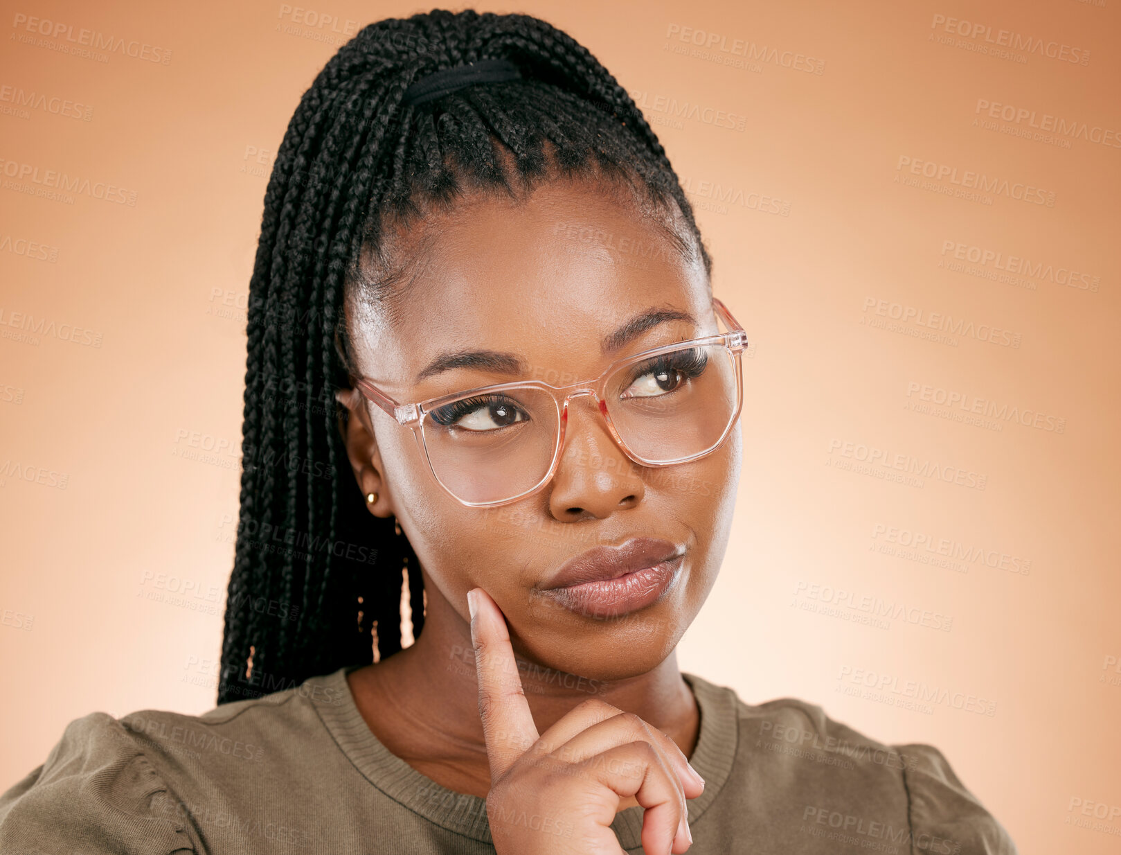 Buy stock photo Thinking, black woman and glasses of a young female business professional in a studio. Studio background, isolated and idea vision of a creative employee with eye care and ideas for designer strategy