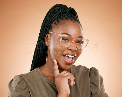 Buy stock photo Black woman, portrait and thinking with glasses for idea in fashion, style or smart casual against studio background. Happy African American female model face smiling for eyewear, spectacles or sight